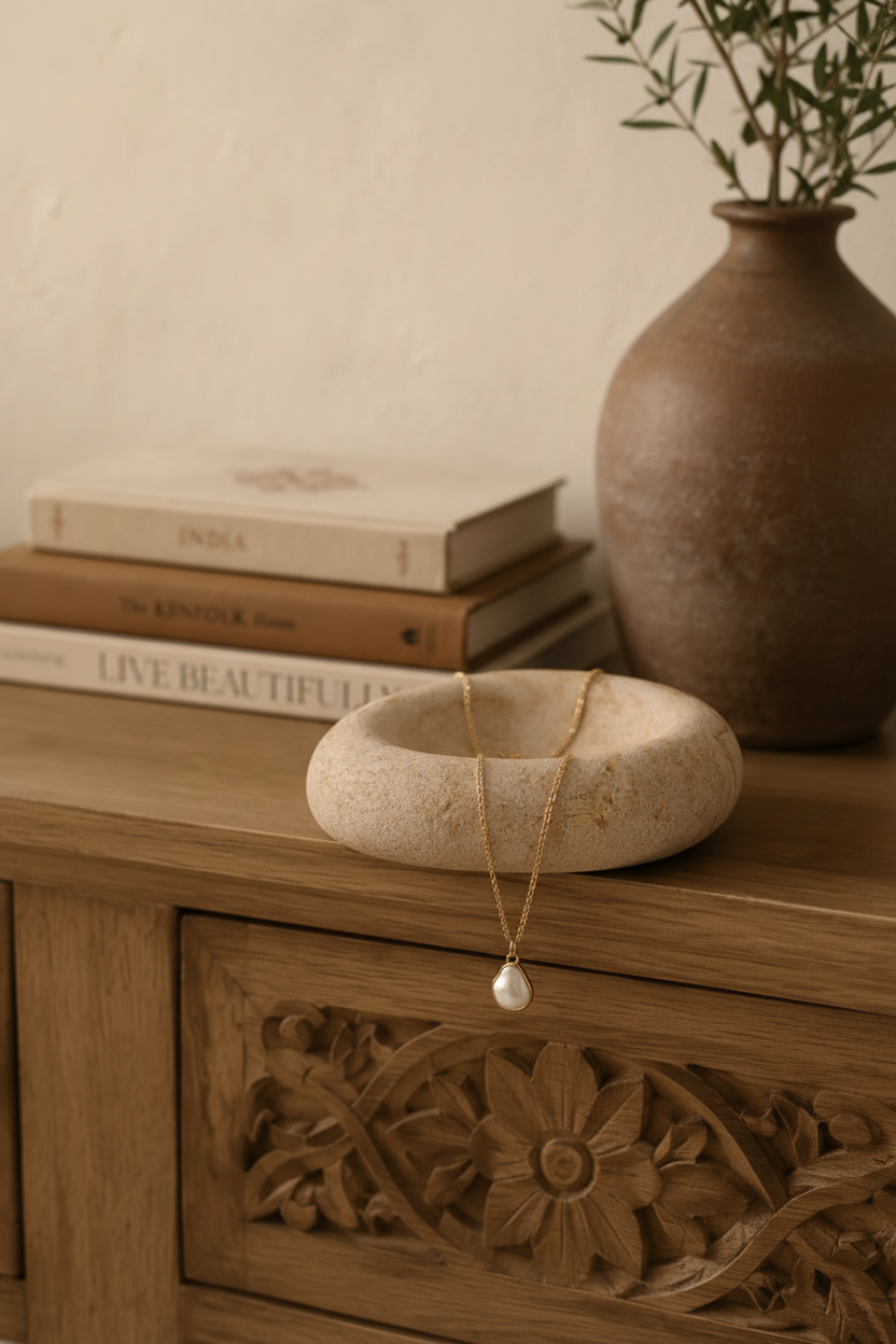 Close-up - bowl with necklace on carved console